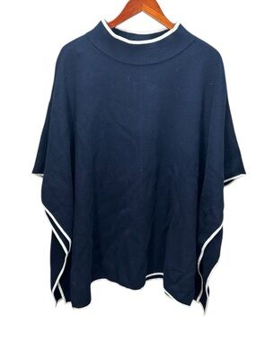 Talbots Navy White Trim Mock Neck Knit Poncho Size Medium Large